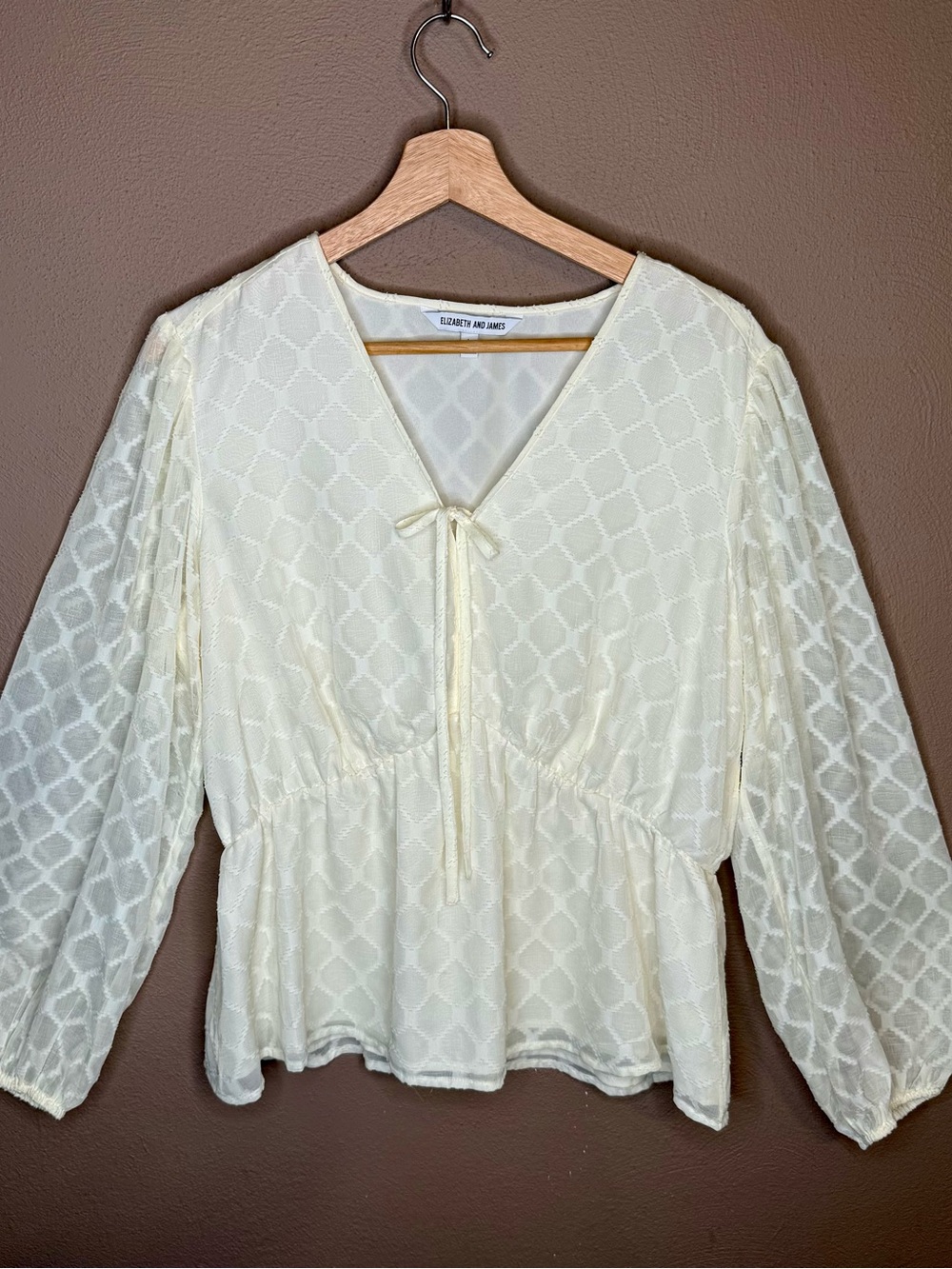 Elizabeth and James Cream Geometric Lace Peplum Tie Front Boho Blouse Size Large